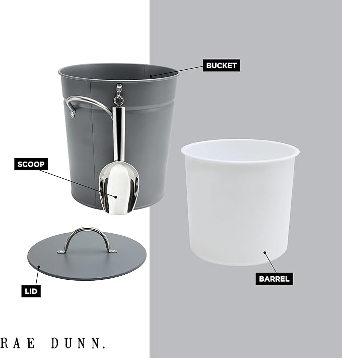 Rae Dunn Ice Bucket with Scoop - Stainless Steel Bucket with Handle, Lid and Ice Scooper - 4 Qt. Storage Bin for Ice Cubes for Bars, Parties, Backyard Barbeques, Picnics, and Camping (Grey)