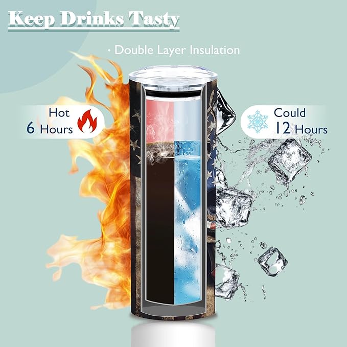 ATHAND American Flag Skull Tumbler,20 Oz Insulated Stainless Steel Skinny Coffee Tumbler with Lid,Patriotic Birthday Gifts for Men,1 Pcs