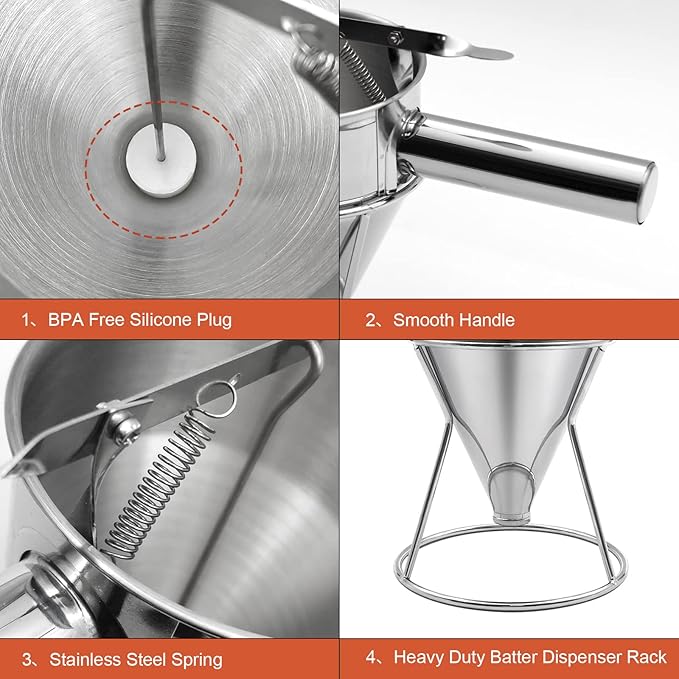 20oz Pancake Batter Dispenser, Stainless Steel Funnel Cake Dispenser with Stand Heavy Duty Baking Tool for Cupcake Waffles Cakes, Caliber: 0.31"/0.47"/0.55"/0.67"