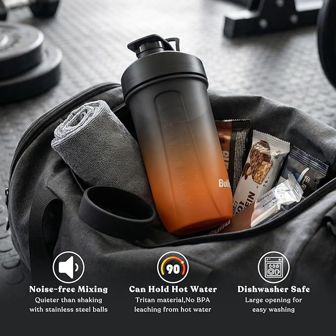 BuildLife Protein Shaker Bottle, 20oz Tritan Shaker Cup with Silent Mixing Grid – Lump Free Shakes 600ML for Pre Workout Protein & Smoothies, BPA-Free Leakproof Dishwasher Safe (BlackOrange)