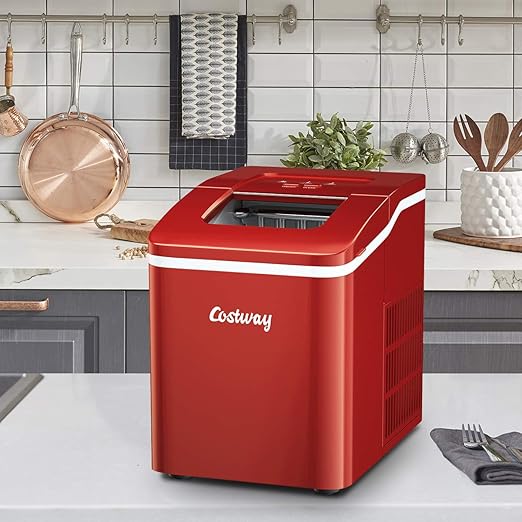 COSTWAY Countertop Ice Maker, 26Lbs/24H Portable Ice Machine with Self-Cleaning Function, Bullet Ice Cubes Ready in 8 Mins, Scoop and Removable Basket,Ice Maker for Home Party Bar, Red