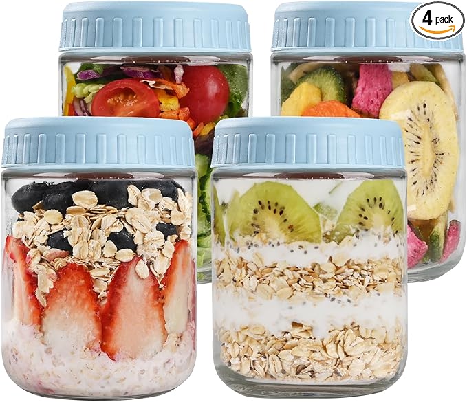 SHOWIN Overnight Oats Containers with Lids, 16oz Glass Jars with Lids 4 pcs, Light Blue, Wide Mouth Mason jars for Salad, Yogurt, Snacks, Meal Prep
