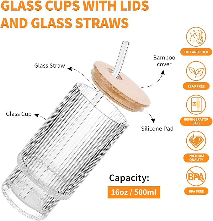 16oz Glass Cups with Lids & Straws, Glass Tumbler with Straw and Lid, Trendy Ribbed Design & Stackable for Iced Coffee/Cold Brew, Perfect for Home/Office by Coffee Lovers & Commuters (16OZ-4PACK)