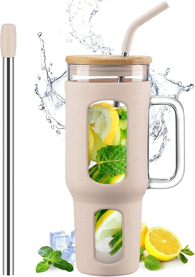 WINSA Glass Tumbler with Lid and Straw, 46 oz Iced Coffee Cup with Handle, Large Water Bottles with Silicone Sleeve, Glass Cup with Straws - Pearl Straw & Drinking Straw BPA Free-Amber