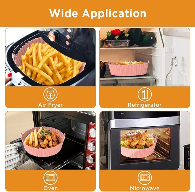 OUTXE 2-Pack 8.5inch Air Fryer Silicone Liner Air Fryer Basket, Reusable Air fryers Silicone Pot Round for 5QT - Air fryer Oven Accessories (Red+Pink)