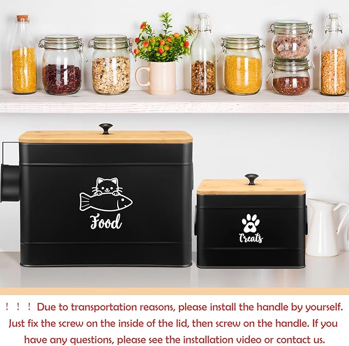 Reallnaive Extra Large Metal Cat Food Containers Airtight 12+3.5 lbs Cat Treat Snack Jars Set of 2 with Bamboo Lids and Spoons Farmhouse Big Pet Cookie Storage Jars for Kitchen Counter Gifts(Black)
