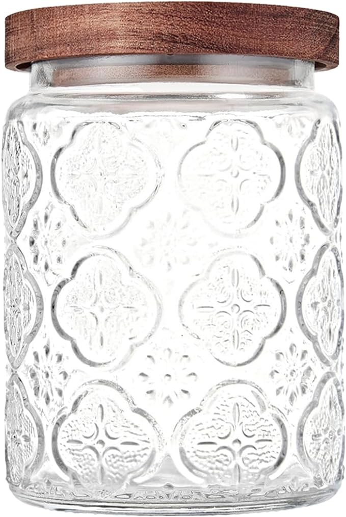 Custde Glass Storage Jars With Airtight Lid, 23.7oz Container For Kitchen Counter with Wooden Lid, brown sugar, candy, coffee, cookie, salt, tea, cute Jar (Begonia Flowers*1)