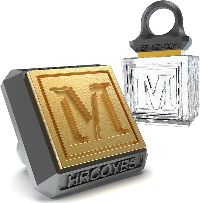Square Ice Stamp Ring – 3 mm Brass Personalized Cube & Sphere Press, Ready-to-Gift Clear Acrylic Christmas Box, Custom Letter/Pattern Imprint for Whiskey & Cocktails (Letter M)