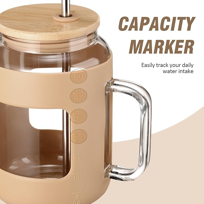 WINSA 50 oz Glass Water Bottles with Silicone Sleeve,Glass Tumbler with Lid and Straw,Iced Coffee Cup with Handle,BPA Free-Amber