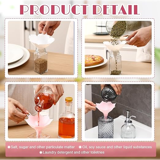 LemonRoad 4pcs Different Flower Plastic Kitchen Funnel Hangable Multi Purpose Pink White Lotus Cherry Blossom Shape Kitchen Funnels for Filling and Transferring Liquids, Spices, Particles