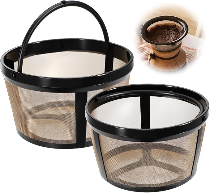2Pcs Reusable Coffee Filter Basket, Gold Mesh Coffee Filter with Handle for Mr. Coffee, Black+Decker, and Most 4-5 Cup Basket-Style Brewers