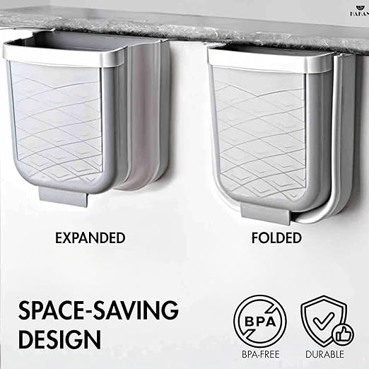 Hakan Hanging Foldable Trash Can for Kitchen Cabinet Door | Collapsible Narrow Waste Bin | Compact Travel Trash Can | Space Saving 6 L Plastic Garbage Bin Under Sink | 1.5 Gallon Waste Basket, Gray