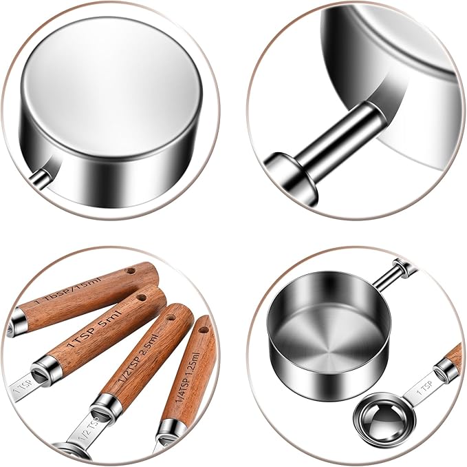 Stainless Steel Measuring Cups and Spoons Set of 8, Stackable Wooden Handle Metal Measuring Cup & Spoon Set with Metric & US Measurements, Rustic Farmhouse Kitchen Gadgets for Dry & Liquid Ingredients