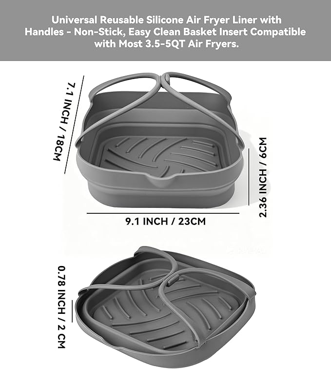 Silicone Air Fryer Liners with Handles: 8.3 Inch Square Reusable Airfryer Basket Liner for 3.5-5 Qt - Baking Tray Insert Cooking Air Fryer Accessories for Cosori Philips Ninja Instant Vortex And More