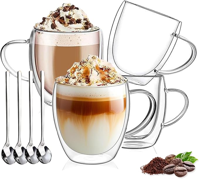DINGPAl 4 Pack 8oz Double Wall Glass Coffee Mugs,Heat-resistant Borosilicate Glass Mug Cappuccino Espresso Tea Latte Cup with Handle,4 Spoons for Stirring Beverages in Bar,Cafe,or at Home