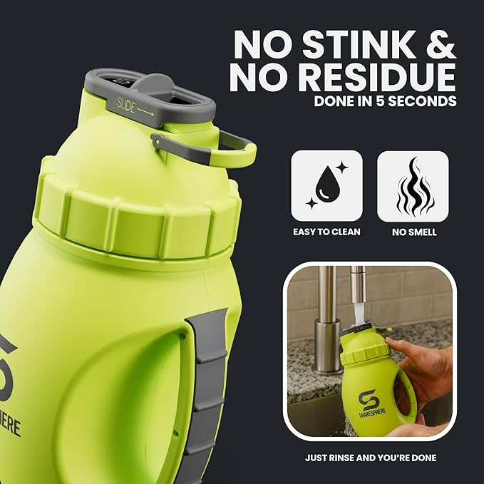 SHAKESPHERE Protein Shaker Bottle Jug 1.3L – Double Walled, Leak Proof Gym & Mixer Bottle, BPA-Free, Durable Design with Easy-Grip Handle, Silicone Base, and Clear Viewing Window – Fluorescent Yellow