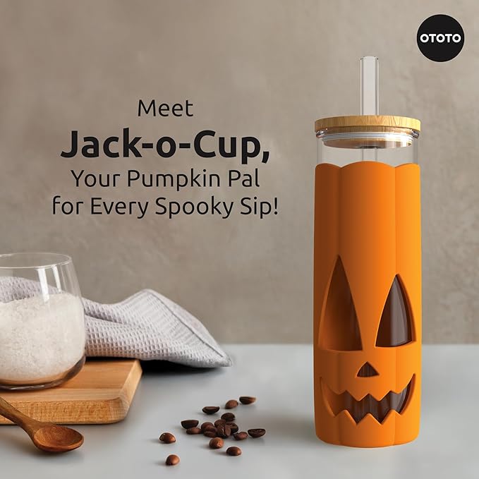 OTOTO NEW Jack-o-Cup Glass Cups with Lid and Straws - Glass Coffee Tumbler with Straws, Halloween, Goth, Witchy Gifts, Iced Coffee Cups, Glass tumbler with Bamboo Lid, 16.9oz