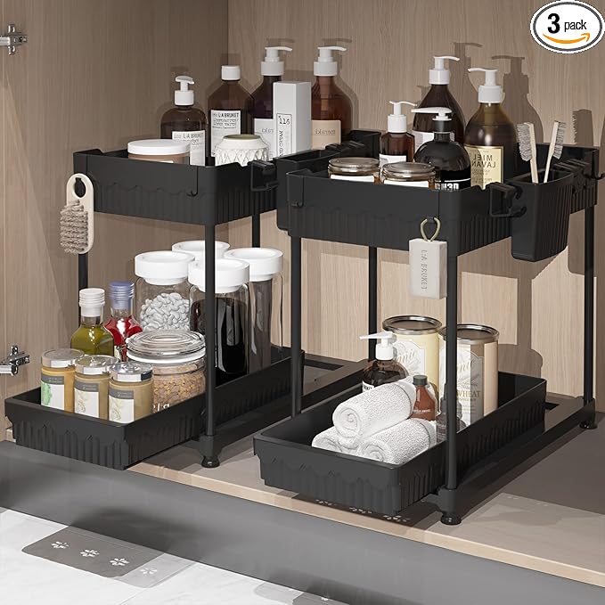 Sevenblue 2 Pack Multi-Purpose Under Sink Organizers and Storage, 2026 Pull Out Cabinet Organizer for Bathroom & Kitchen, Under Cabinet Organizer with Hooks Hanging cup, Black