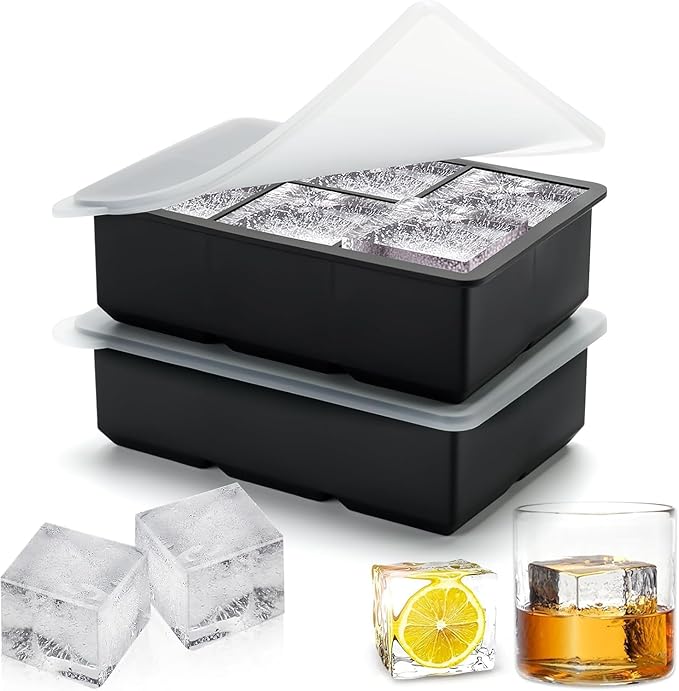 Silicone Ice Cube Tray, Easy Release Flexible Silicone Freezer Mold with Removable Lid, 2PCS of 6 Large Ice Cubes Tray for Whiskey, Freezer, Cocktail, Reusable & BPA Free (6 Square*2)
