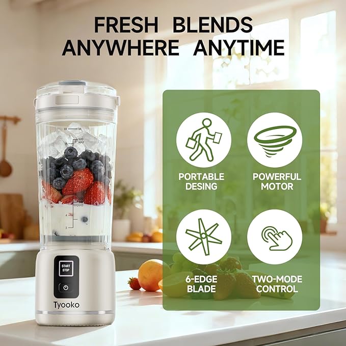 Portable Blender for Smoothies and Shakes, 18oz Rechargeable Electric Personal Juicer Cup with Dual Mode, 6 Sharp Blade Drink Mixer Bottle with Leakproof-Lid & Sip Spout for Kitchen/Travel/Gym (White)