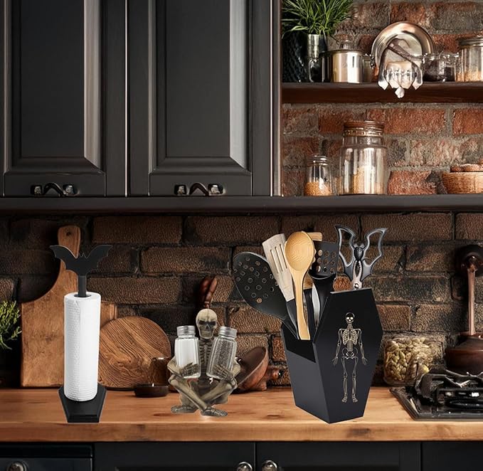 Halloween Gothic Kitchen Decor - Goth Coffin Utensil Holder (Utensils Not Included), Dual-Sided Laser-Etched Skeleton, Solid Wood Large Capacity for Spooky Bats Spoons Skull Spatulas