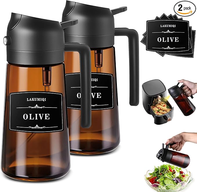 LAKUMIQI 2 in 1 Oil Sprayer for Cooking, 16oz Olive Oil Dispenser Bottle for Kitchen, Food Grade Light-Blocking Leak Proof Glass Spray Bottle for Salad, Air Fryer, BBQ