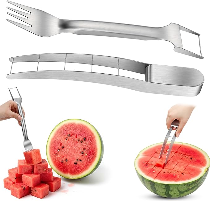 LemonRoad 2 Pcs Watermelon Cutter Slicer Set, 2-in-1 Stainless Steel Fruit Cutter with Fork & Watermelon Cutters Tool for Easy Cubes, Quickly Melon Slicer Tool Set for Home Party Camping Kitchen