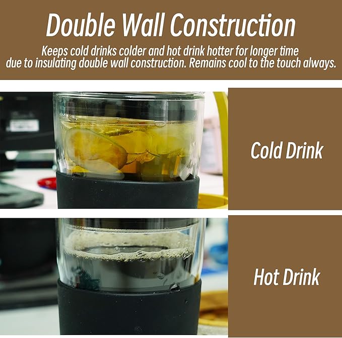 Double Wall Glass Tumbler 10 ounce All Glass Reusable Insulated Tea/Coffee Mug & Lid, Hand Blown Glass Travel Mug (10 ounce) No Leaks, Silicone Grip for Easy Carry, Natural Taste