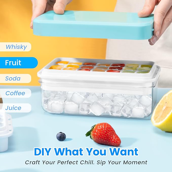 Ice Cube Tray with Lid and Bin, PHINOX 56 pcs Ice Trays for Freezer, Ice Cube Trays for Freezer with 2 trays, Container, Lid & Ice Scoop, BPA Free