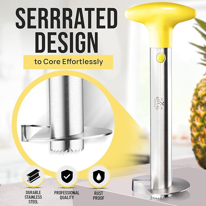 Zulay Kitchen Stainless Steel Pineapple Corer & Slicer – Heavy Duty Pineapple Cutter & Eye Removal Tool – Effortless Core Remover Tool with Sharp Reinforced Blade & Ergonomic Handle - Yellow
