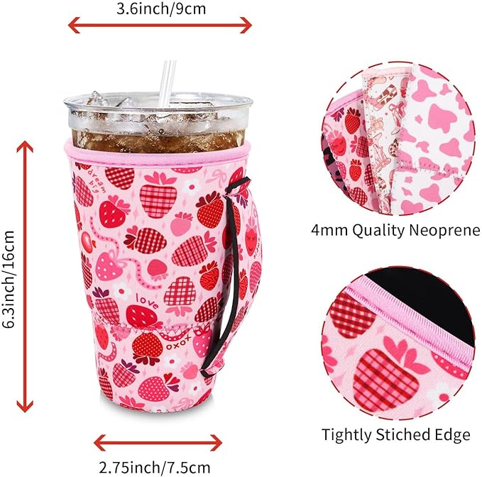 4Pack Reusable Iced Coffee Sleeve Insulator Sleeves for Cold Drinks Beverages, Neoprene Cup Holder for Most Coffee, Fits 30-32oz Large Cups (Pink Coquette)