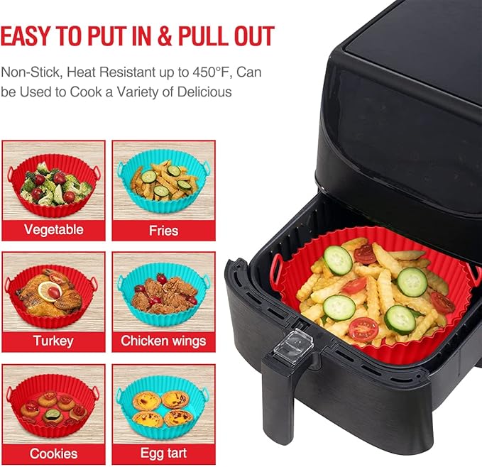 2 Pack Air Fryer Silicone Liners Pot for 3 to 5 QT, Basket Bowl, Replacement of Flammable Parchment Paper, Reusable Baking Tray Oven Accessories, Red+Blue, (Top 8in, Bottom 6.75in)