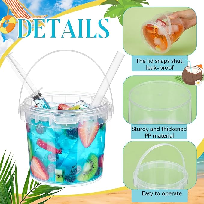 Willinglong 10 Set 25oz Clear Plastic Drink Buckets Rum Buckets for Drink with Straws, Lids and Beverage Syringes Reusable Iced Coffee Cups for Rum Wine Beer Cocktail Beverage Lemonades