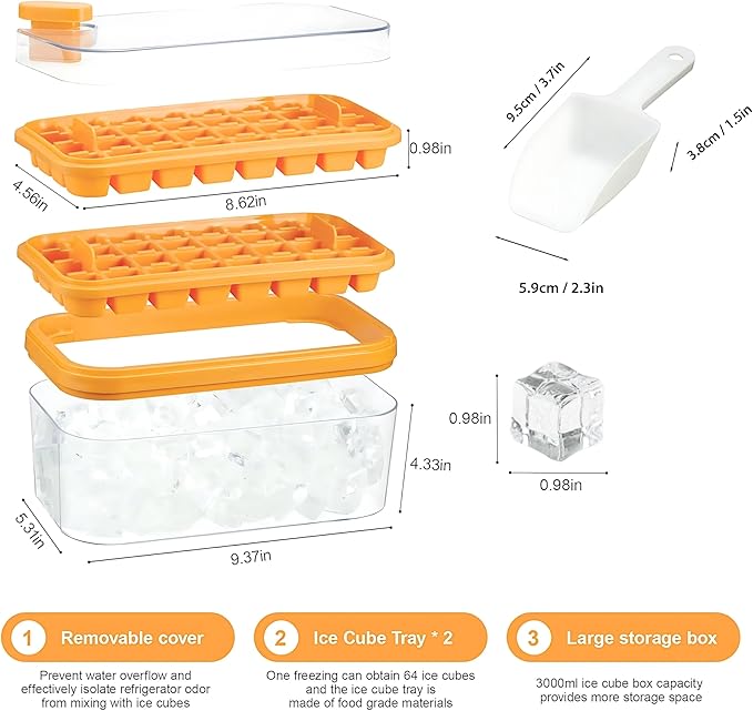 Ice Tray with Lid and Bin, 64 Cube Silicone Mold with Easy Release Bottom, Stackable Design, BPA Free Material, Includes Scoop & Storage Box, Iced Coffee, Cocktails and Beverages