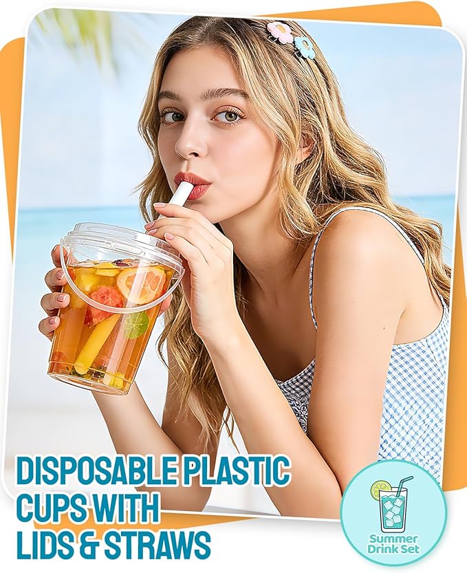 CHONNFEASTT®36PCS Plastic Drink Buckets with Lids and Straws: 700ml/24oz Clear Disposable To Go Iced Coffee Cups Rounded Bottom with Handle for Cocktails, Lemonade, Beach & Pool Party Drink Supplies
