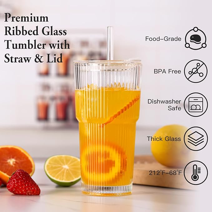 4PCS Ribbed Glass Cups with Lids and Straws, 20oz Vintage Drinking Glasses, Aesthetic Iced Coffee Cups, Glass Tumbler for Boba, Beer, Tea, Cocktails, Ribbed Glassware Set,Clear