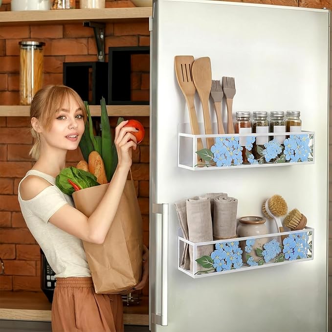 Beeveer 2 Pack Hydrangea Magnetic Spice Rack for Refrigerator Metal Magnet Basket Shelf for Fridge Seasoning Storage Organizers Home Decor Kitchen Accessories (Blue)