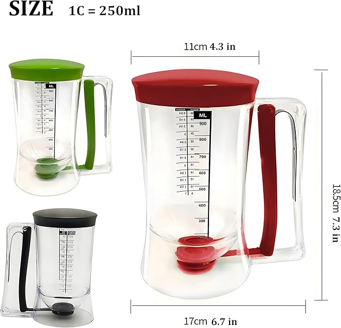 Pancake Batter Dispenser with Measuring Label, 4 Cup Capacity, 900ml With Squeeze Handle Kitchen Dispenser Bottle for Pancakes, Waffles, Muffins (Black)