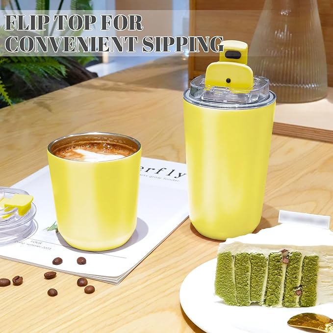 Puraville Insulated Tumblers with Lid, 14 oz Travel Coffee Mug Stainless Steel Vacuum Cup, Leak Proof Reusable Double Walled Coffee Tumbler for Iced and Hot Drinks, Yellow