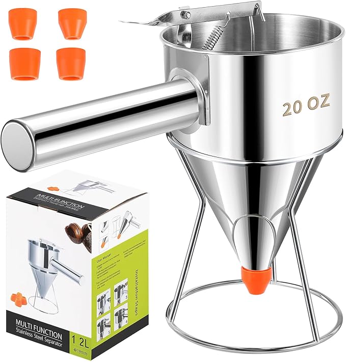 Pancake Batter Dispenser 20 OZ - Funnel Cake Dispenser with Stand, Stainless Steel, Leak-Proof Nozzle & Squeeze Handle, Precise Control, for Pancakes, Waffles, Cupcakes & Baked Goods