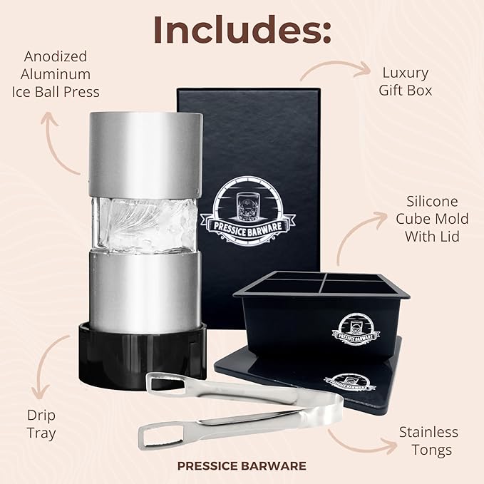 Ice Ball Press – Aluminum Ice Press – Create Effortless Large Spheres – Includes Ice Tray – USA Small Business (Silver Finish)