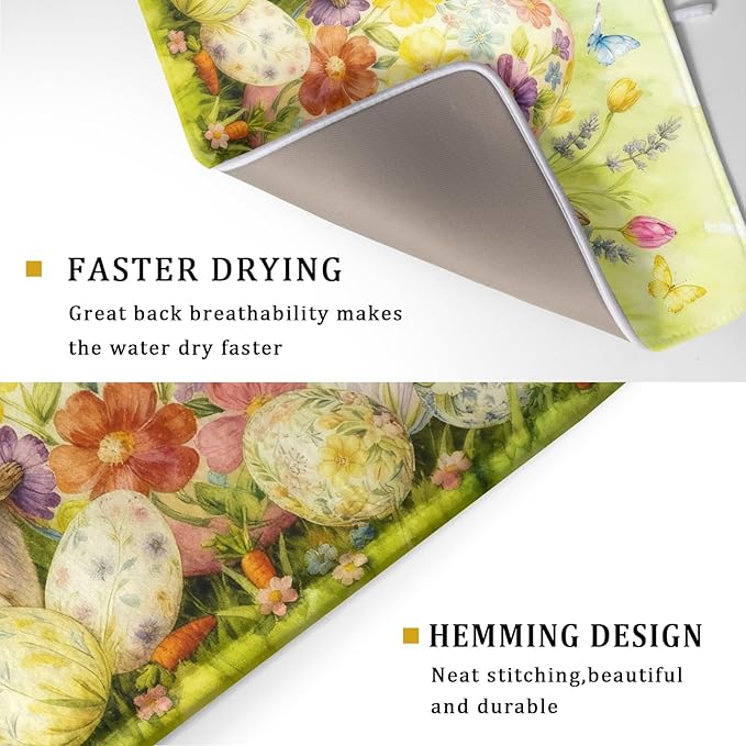 Easter Egg Dish Drying Mat 18x24 Inch Bunny Floral Green Drying Pad for Kitchen Counter Washable
