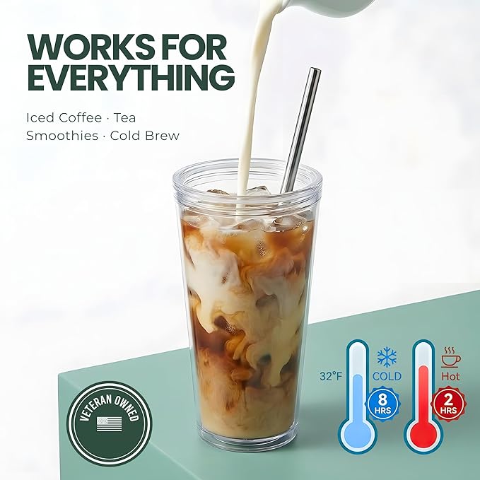 Kensal Home Reusable Iced Coffee Cup (24 Oz/Venti), Leak Proof and Double Wall Insulated Iced Coffee Tumbler, Come with Reusable Plastic and Metal Straws and Straw Cleaner - Black