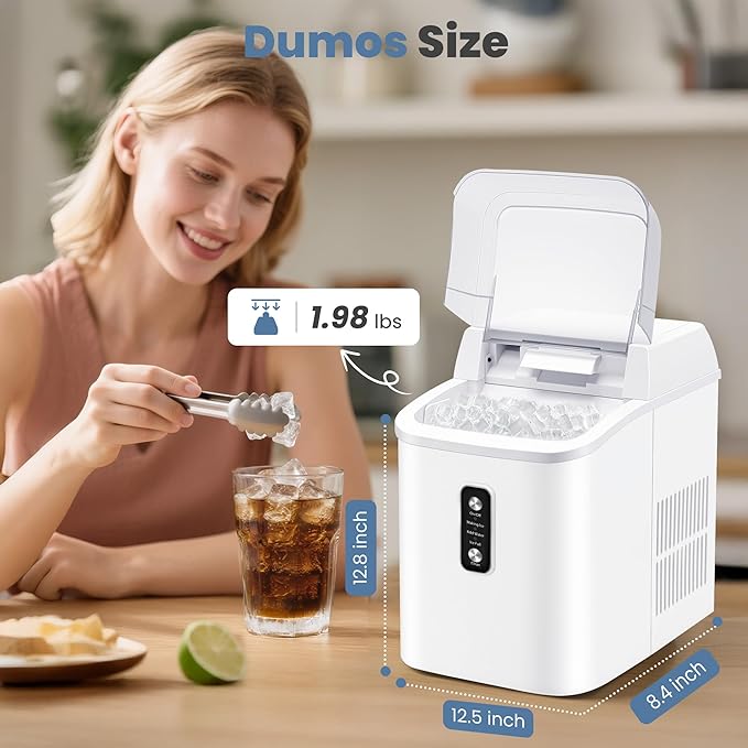 Dumos Nugget Ice Makers,Portable Ice Machine Countertop Ready in 6 Mins, 1.55L Water Tank, Self-Cleaning, for Office, Party, RV, Home, White