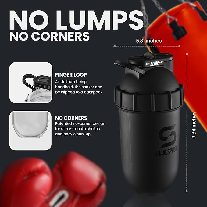 SHAKESPHERE Shaker Bottle - 24oz Leak Proof Protein Shaker Bottle for Pre Workout, Smoothie, and Powder Drink Mixes, No-Blade Mixer for Gym, BPA-Free, Easy Clean & Easy to Carry (Matte Black)
