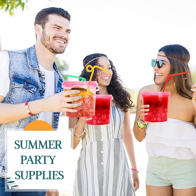 Funnymoom 16 Pack 32 oz Plastic Rum Buckets for Drinks with Straws Ice Cream Cocktail Bucket with Lids and Handles Reusable Food Containers Cup for Parties Summer Beach Bar Beer (Rose Pink)
