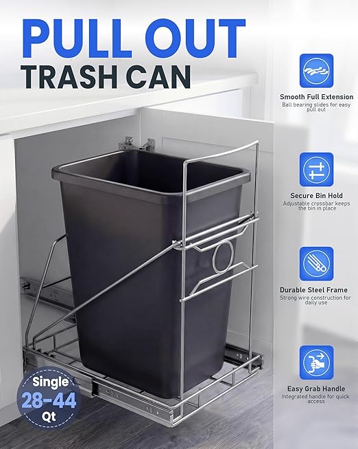 Pull Out Trash Can Under Cabinet Adjustable Trash Can Holder for 7 to 11 Gallon Bin Bottom Mount Slide Out Trash Rack for Narrow Cabinets(Silver, No Bin Included)