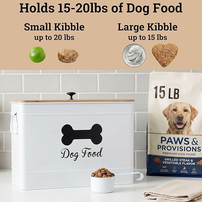 Dog Food Container Airtight 15 lb (50 Cup) Capacity with Metal Scoop - Cute Airtight Dog Food Storage Container with Bamboo Lid - White Metal Kibble Storage Bin for Dogs up to 100 lbs - Big Pet Jar