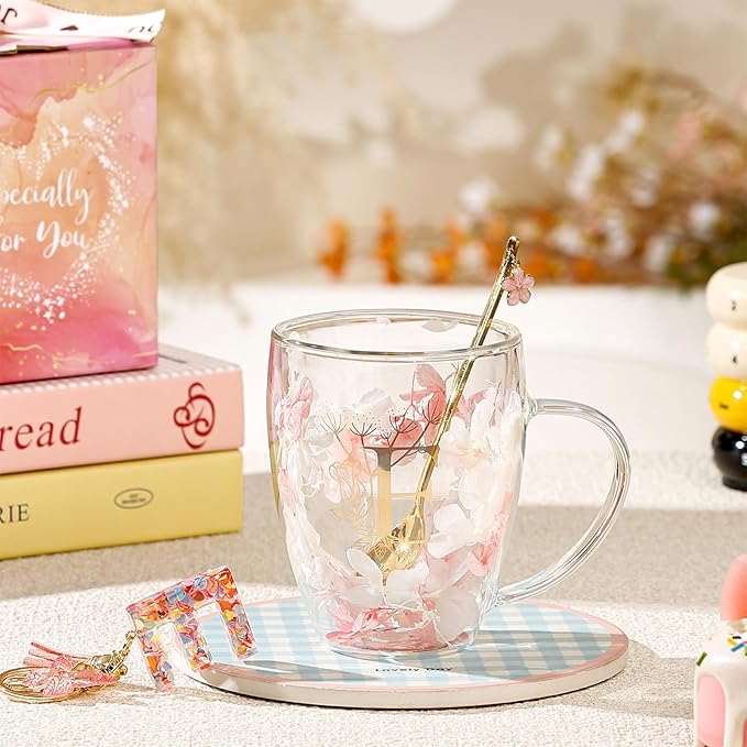 Personalized Gifts for Women Double Wall Glass Flower Coffee Mug Tea cup Monogrammed Customized Birthday Valentine Mother's Day Christmas Gift for Women Mom Wife Friends Sister Stocking Stuffers (E)