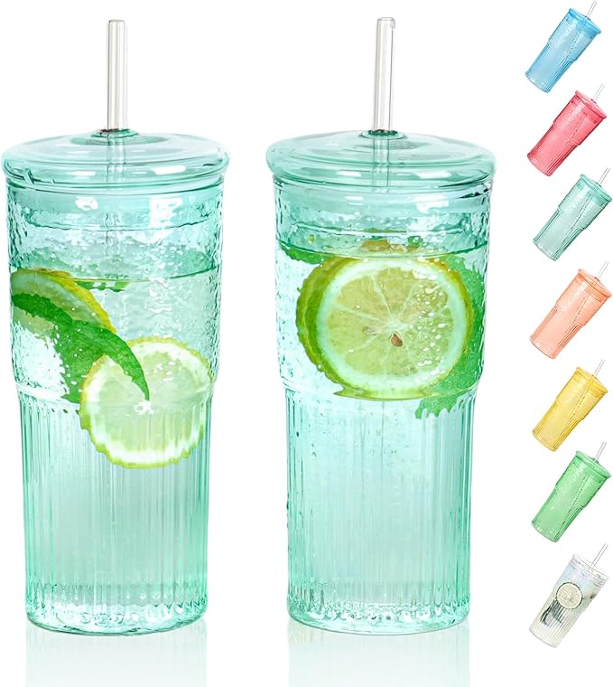 QWEZXO 20 OZ Glass Cup with Lids and Glass Straws, High Borosilicate Iced Coffee Glass Tumblers with Lid and Straw for Drinks, 2pcs Reusable Wide Mouth Smoothie Cup(Cyan)